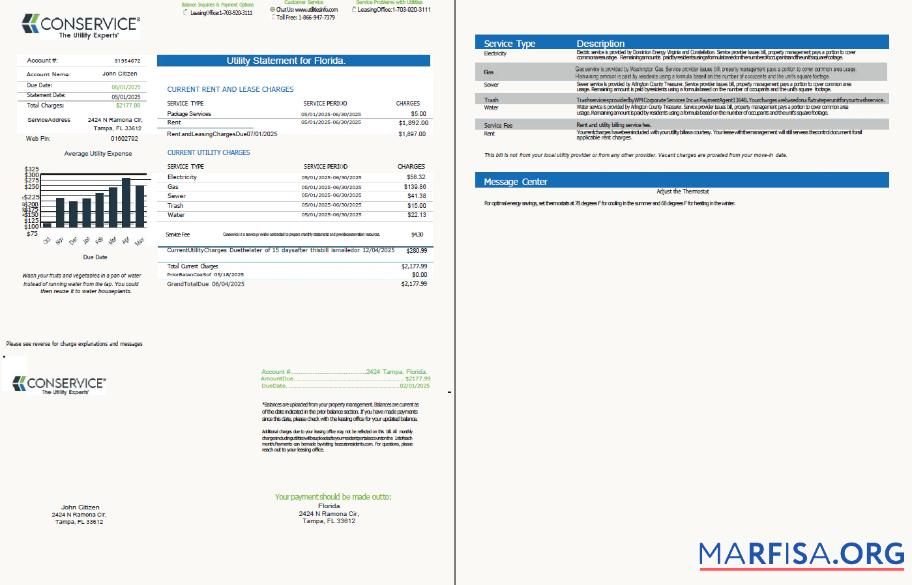Realistic USA Conservice utility bill template in Word and PDF formats, 2 pages, version 2
